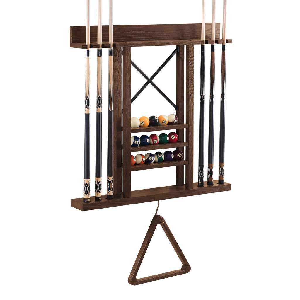 thumbnail image 2 of Rustic Burnt Wood Pool Cue Holder & Ball Storage Stand - All-in-One Billiard Organizer With Metal Frame 2 of 2